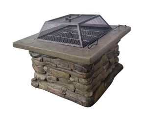 The Cold Remedy Outdoor Wood Fire Pit Table w Cultured Stone, Includes Iron Insert, Firewood Rack, Spark Screen & Fire Poker